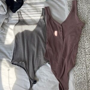 BUNDLE Striped Black & White Bodysuit + Mauve Ribbed Bodysuit